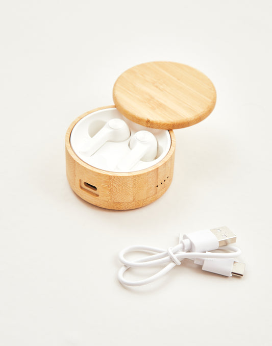 Airpods caja bambú redonda