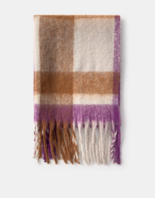 Brown check fluffy scarf
